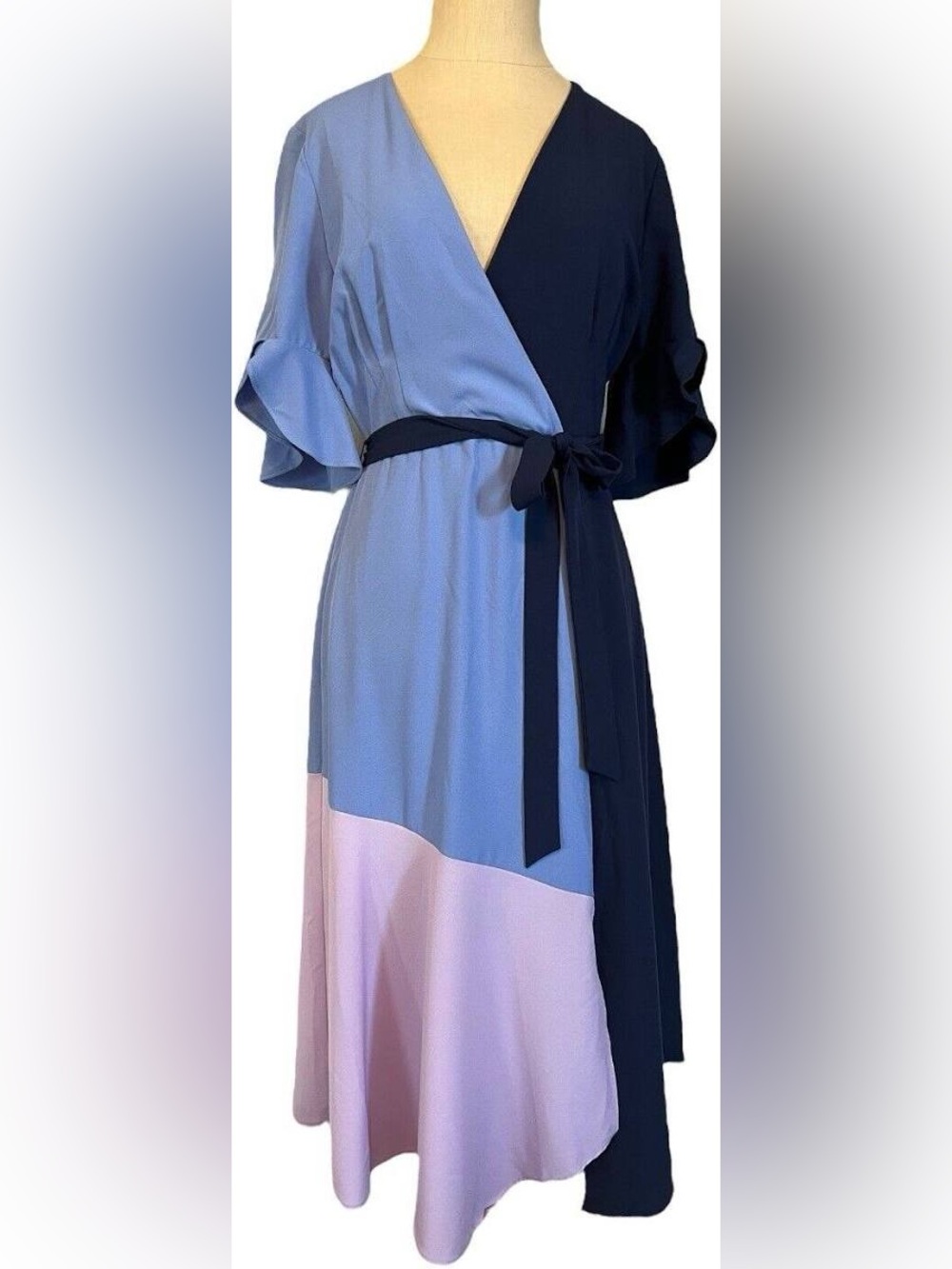 Hutch Colorblock Wrap Midi Dress in Navy, Slate Blue & Dusty Pink